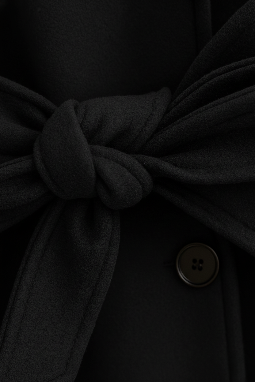Coat : Women's Black Long Wool Blend Winter Coat with Belt, Pockets & Notched Lapel in van Vanda Liamo