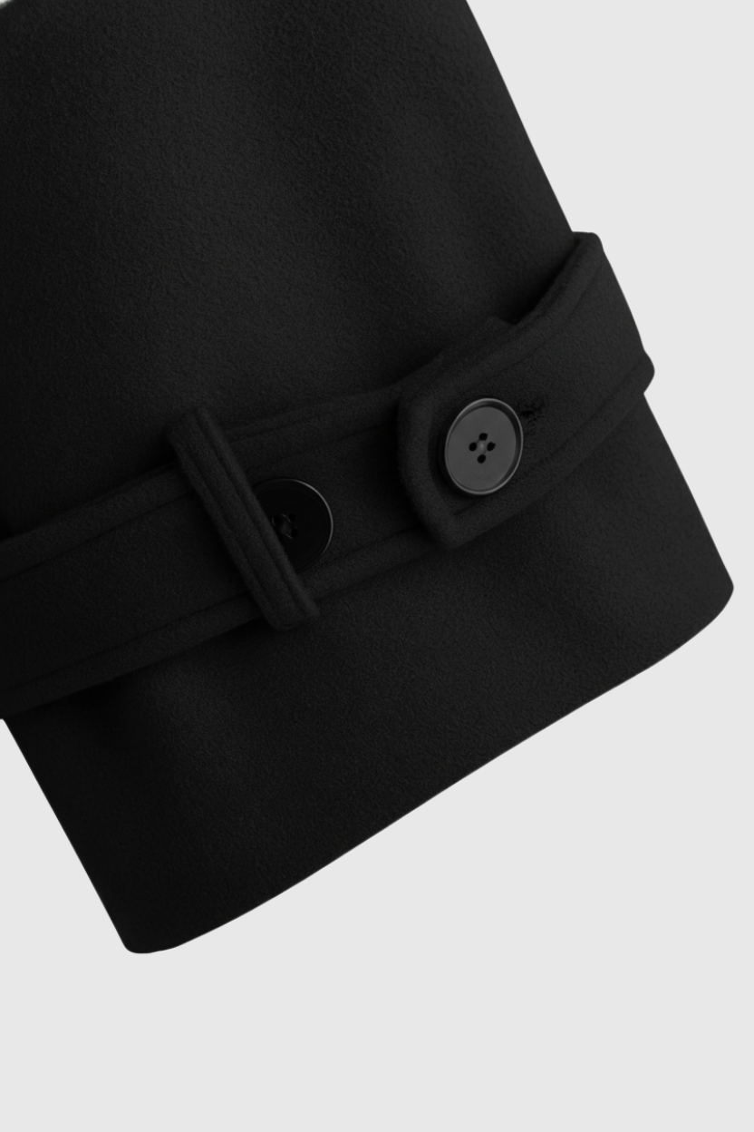 Coat : Women's Black Long Wool Blend Winter Coat with Belt, Pockets & Notched Lapel in van Vanda Liamo