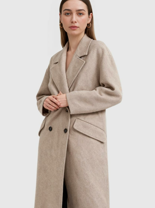 Women's Long Khaki Double-Breasted Coat with Flip Collar