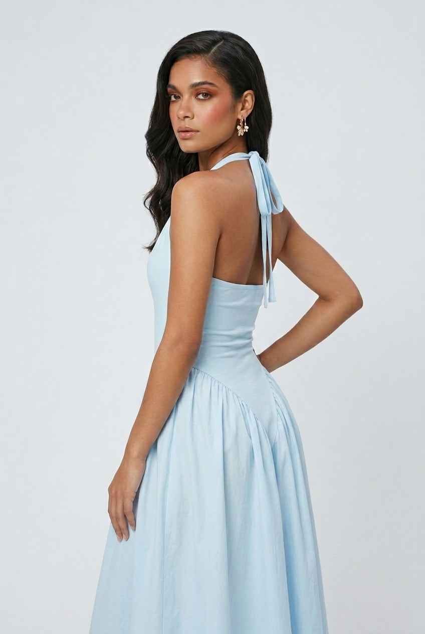 Women's Dresses : Midi Cocktail Dress for Women - Light Blue Soft Elegant Fit for Weddings & Summer in van Vanda Liamo