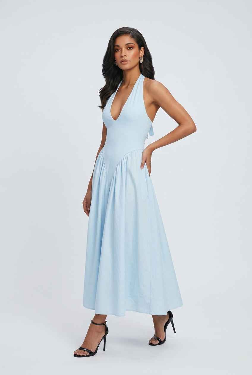 Women's Dresses : Midi Cocktail Dress for Women - Light Blue Soft Elegant Fit for Weddings & Summer in van Vanda Liamo