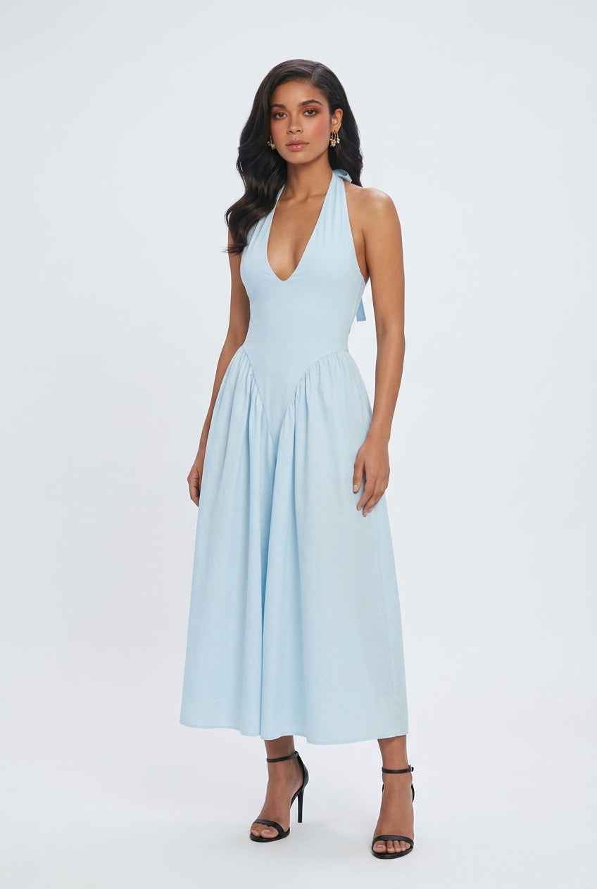 Women's Dresses : Midi Cocktail Dress for Women - Light Blue Soft Elegant Fit for Weddings & Summer in van Vanda Liamo