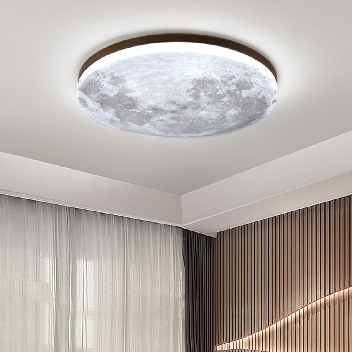 Modern Moon Ceiling Light – 3D Lunar Design with Wood Frame