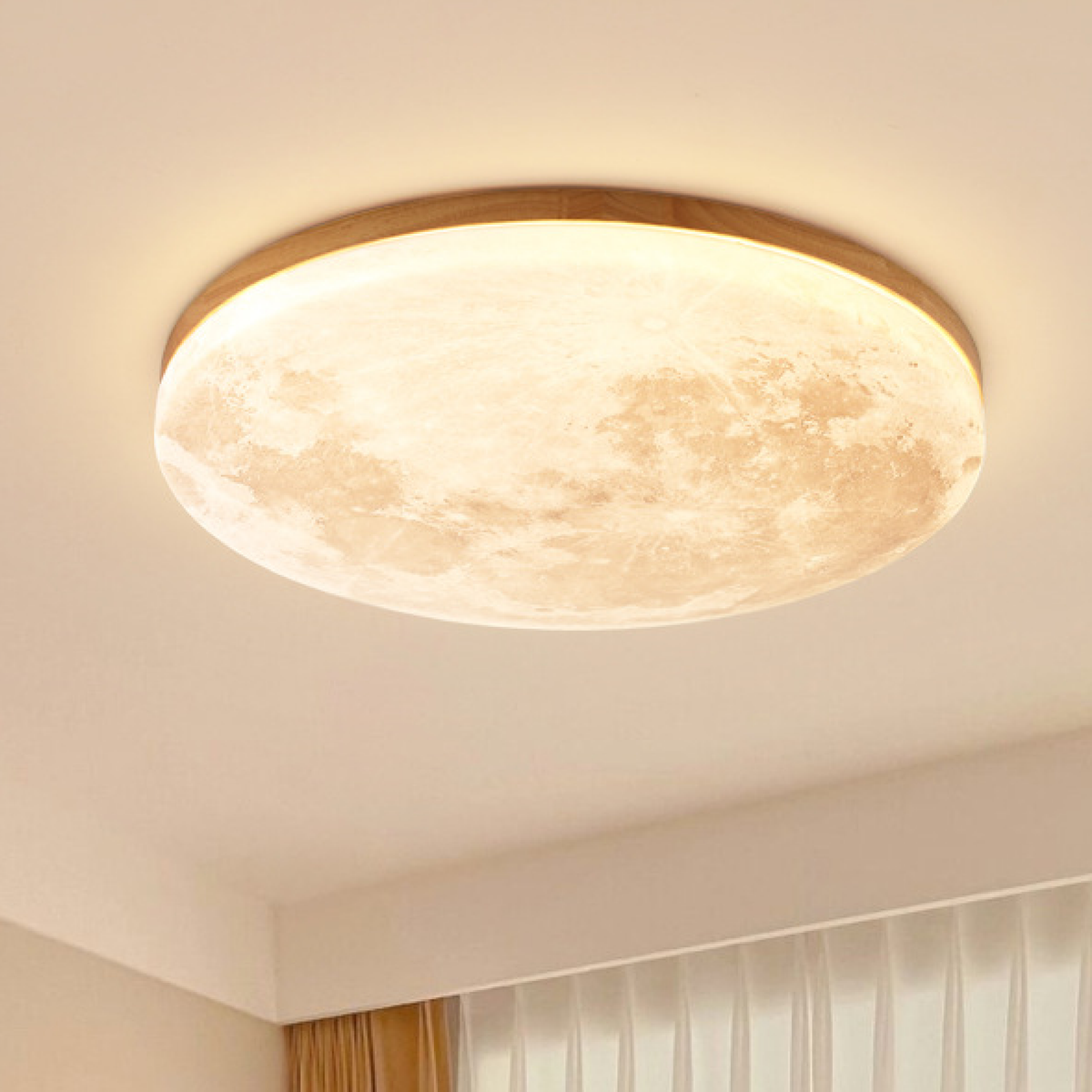 Modern Moon Ceiling Light – 3D Lunar Design with Wood Frame