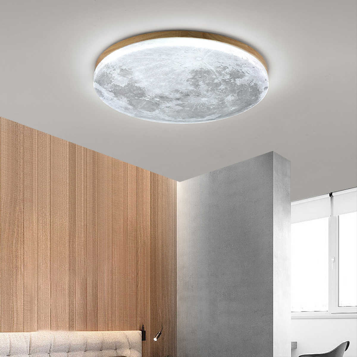 Modern Moon Ceiling Light – 3D Lunar Design with Wood Frame