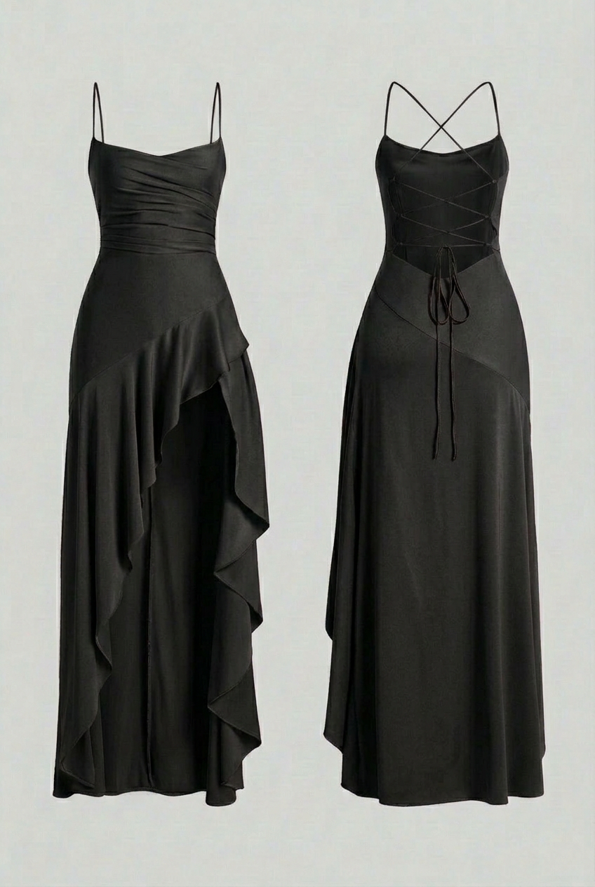 Maxi Dresses : Women's Black Lace-Up Back Maxi Dress - Elegant Formal Evening Gown in Black van Vanda Liamo