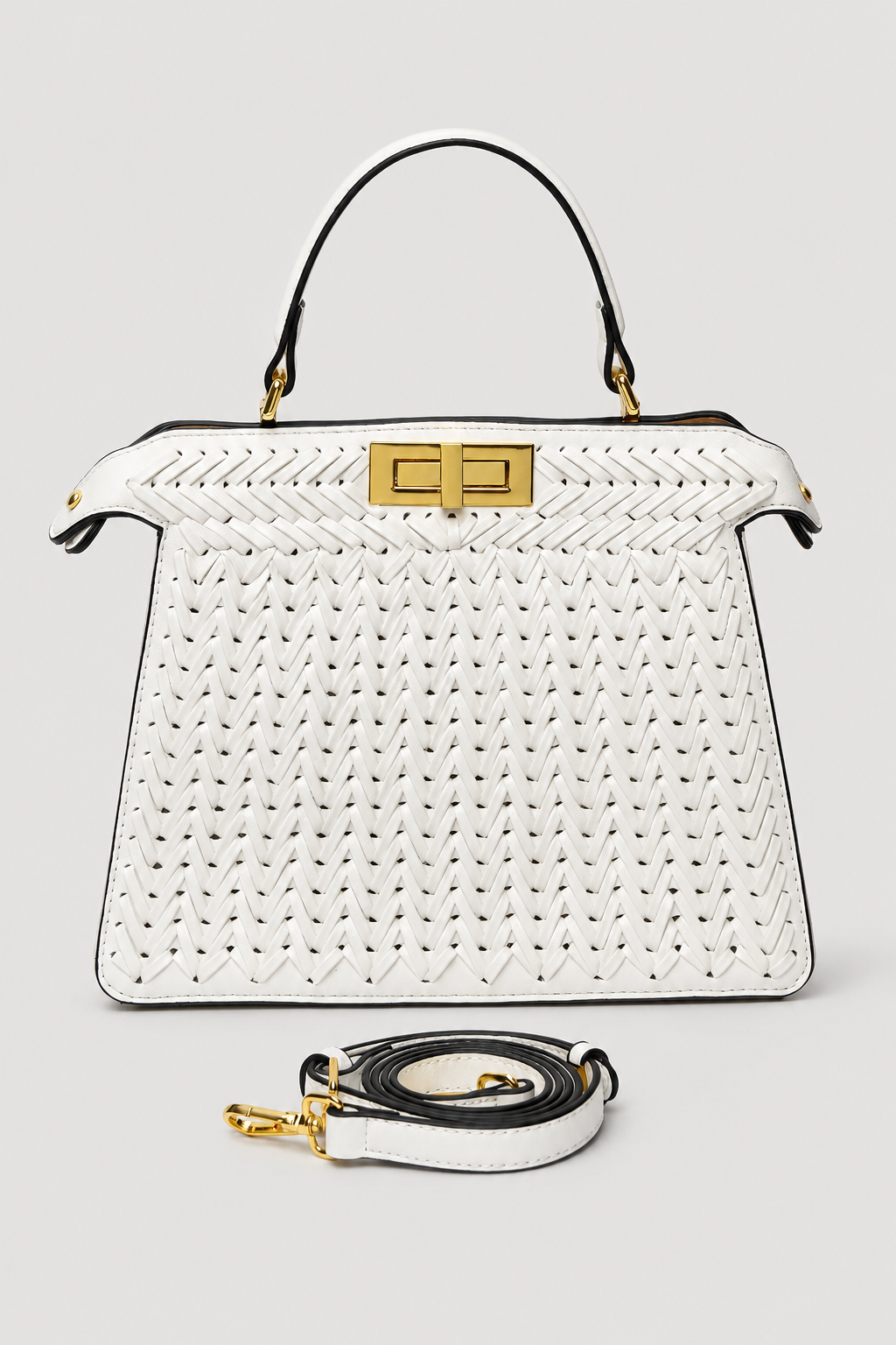 Openwork Braided Handbag – Structured Trapezoidal Silhouette with Polished Turn-Lock Clasp