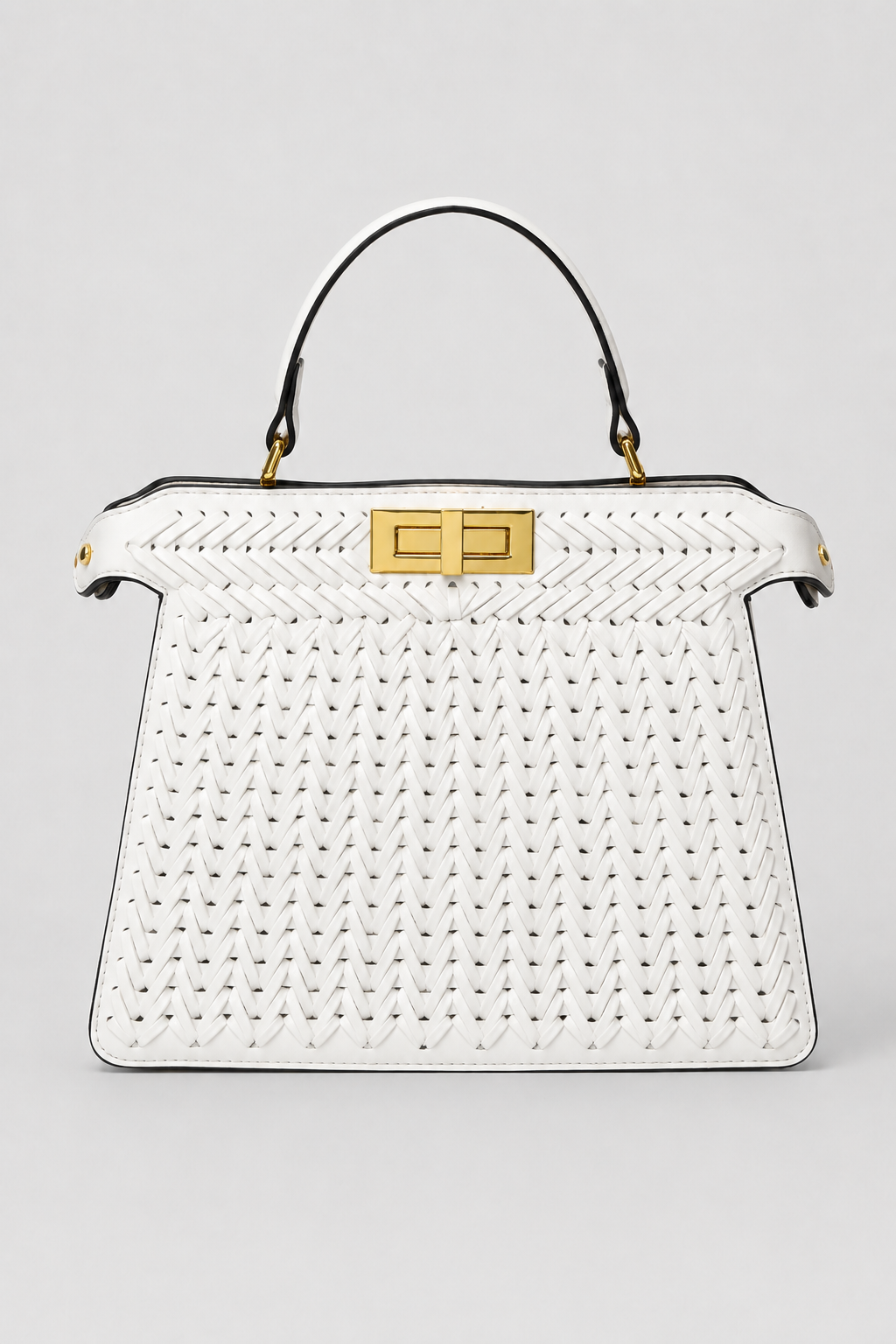 Openwork Braided Handbag – Structured Trapezoidal Silhouette with Polished Turn-Lock Clasp