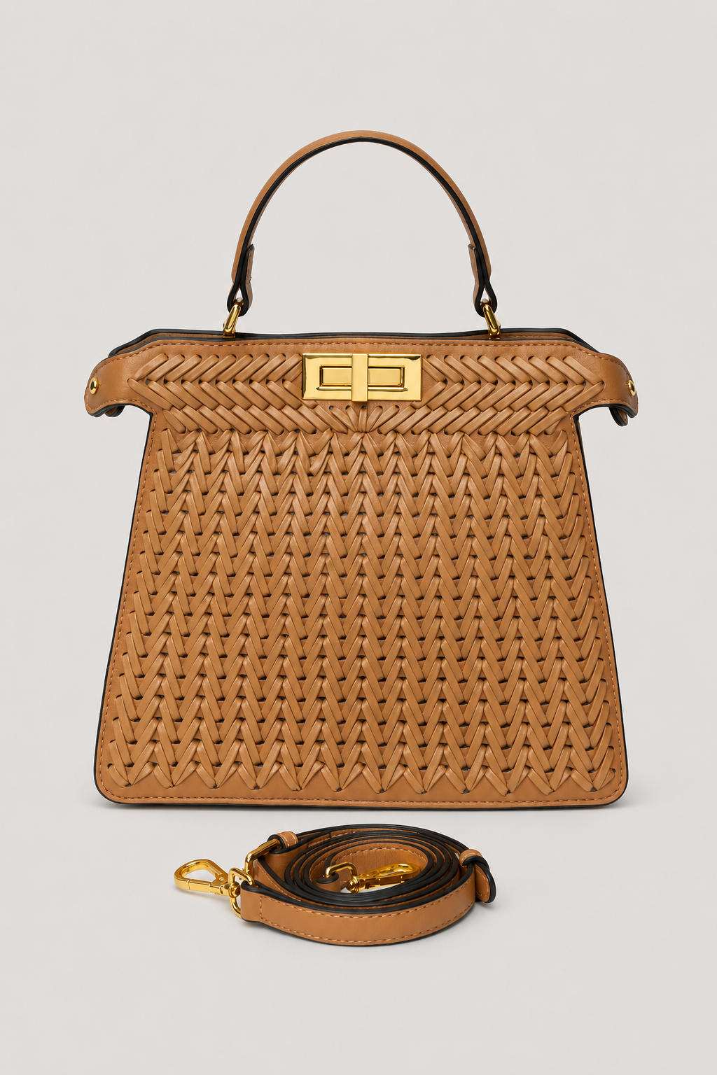 Openwork Braided Handbag – Structured Trapezoidal Silhouette with Polished Turn-Lock Clasp