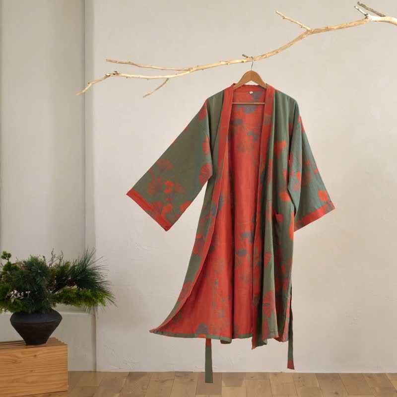 Cotton Kimono Bathrobe with Reversible Leaf Pattern
