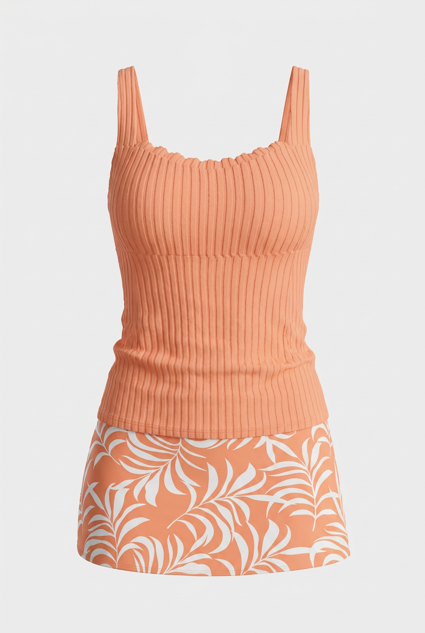 Swimwear : Peach Leaf Print Tankini Set – Soft Coral Swimwear with High-Waisted Skirt in Peach van Vandaliamo