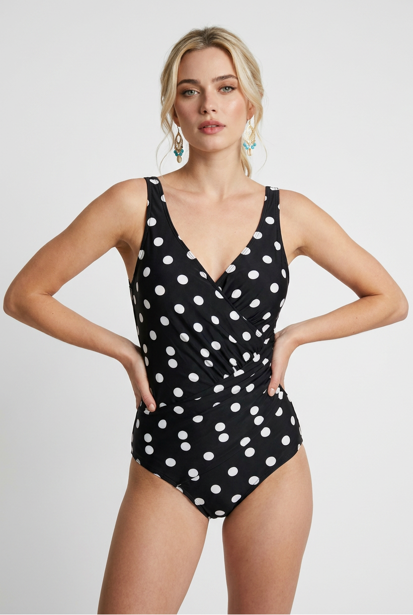 Swimwear : Polka Dot Retro Swimsuit - Ruched Wrap Tummy Control One-Piece in van Vandaliamo