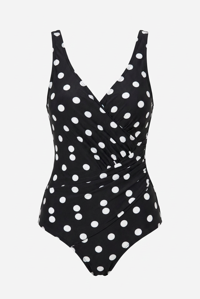 Swimwear : Polka Dot Retro Swimsuit - Ruched Wrap Tummy Control One-Piece in White Dots van Vandaliamo