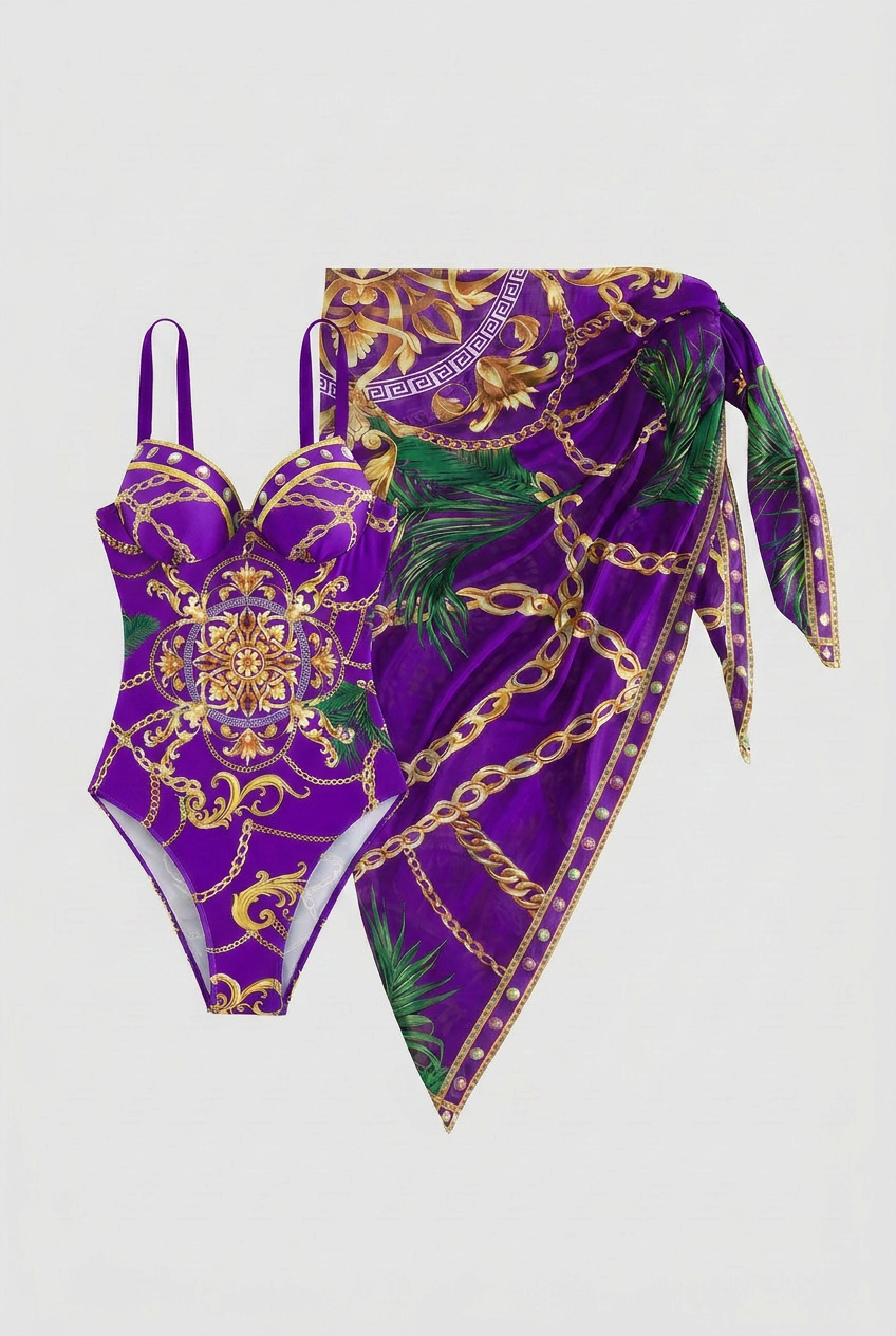 Swimwear : Women's Purple Baroque Print Monokini Swimsuit with Matching Tie Beach Skirt Cover-up in Violet van Vandaliamo