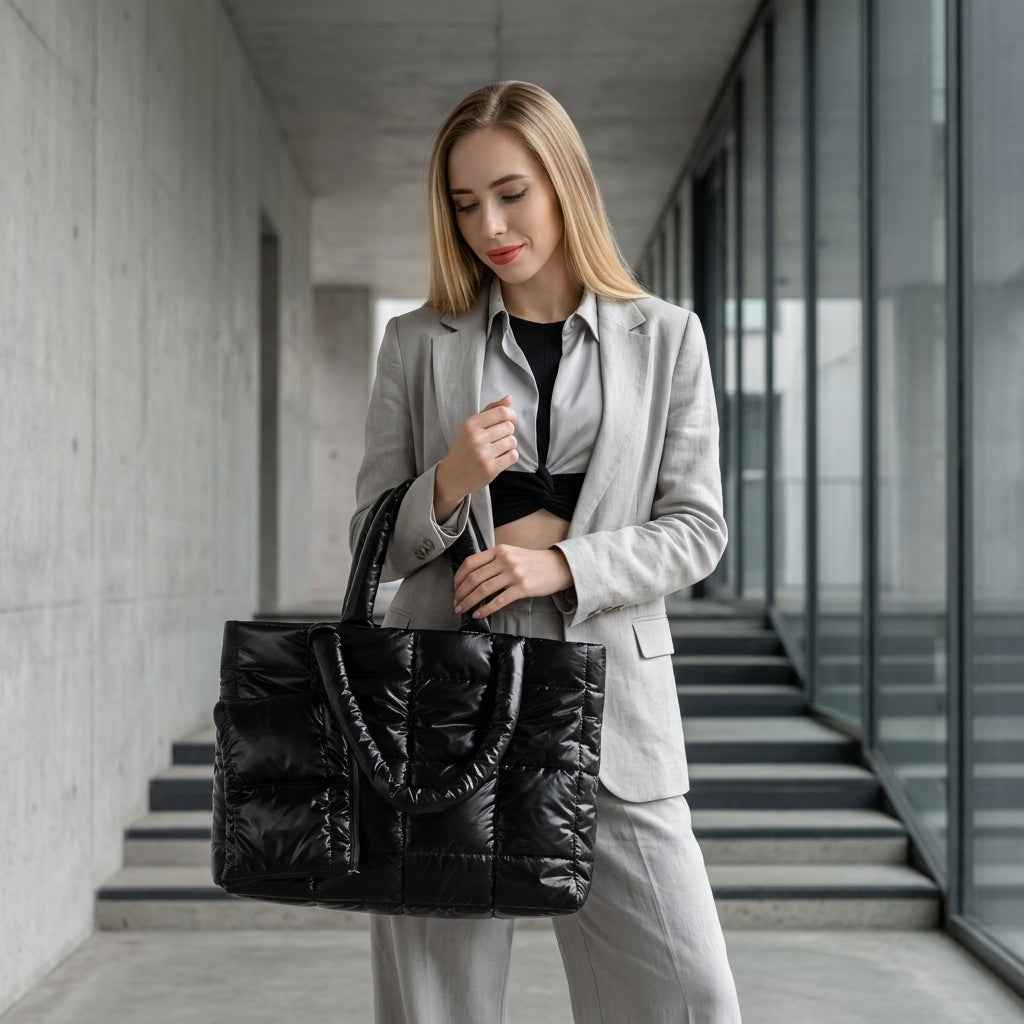 Puffer Tote Bag : Padded Puffer Tote Bag – Quilted Glossy Everyday Carryall in van Vanda Liamo