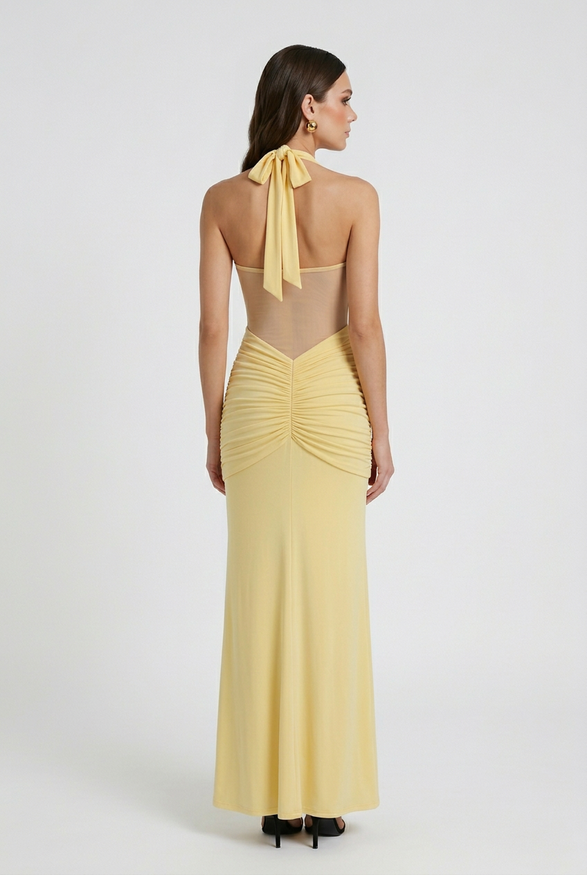 Maxi Dresses : Women's Yellow Chiffon Halter Ruched Maxi Dress - Elegant Formal Flowy Gown in van Vanda Liamo