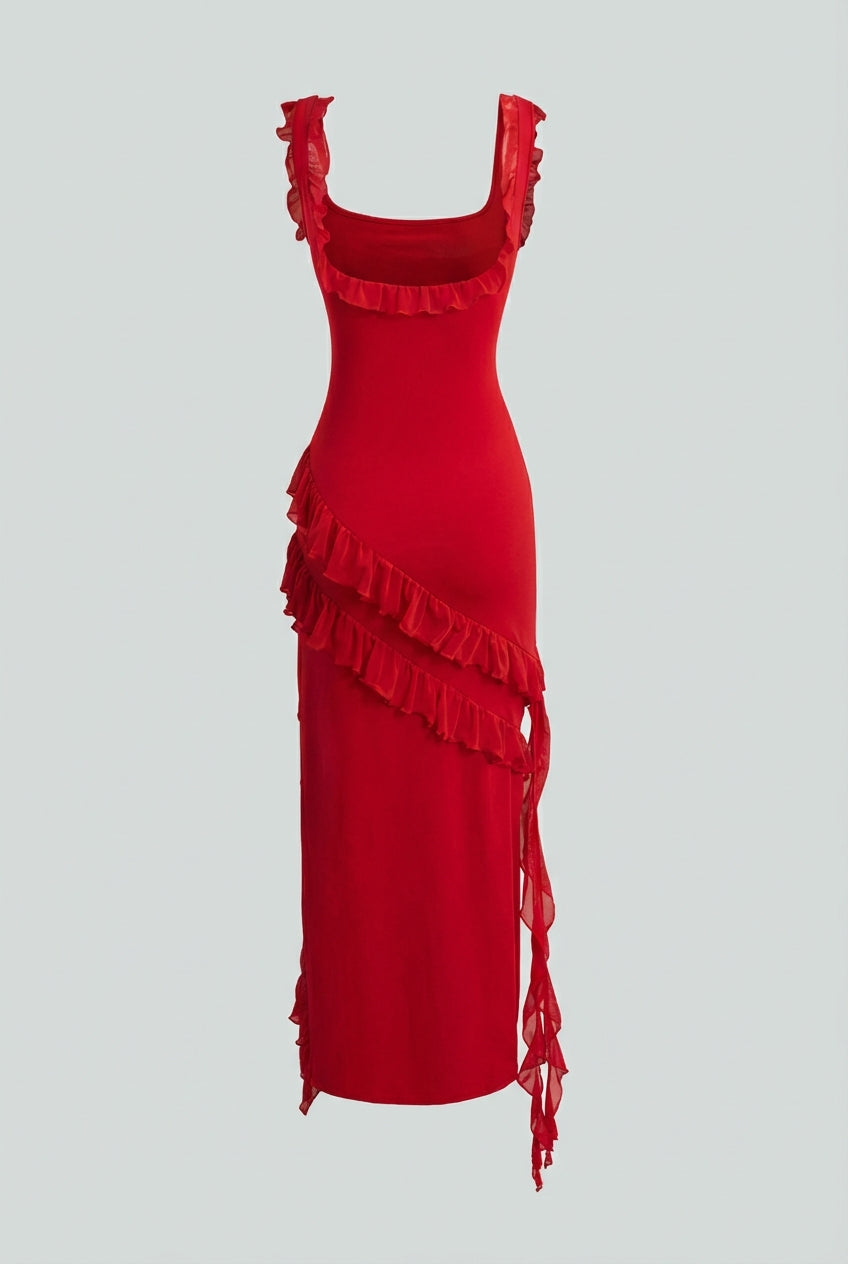 Women's Dresses : Women's Red Backless High Slit Maxi Dress - Elegant & Flowy Evening Gown in van Vanda Liamo