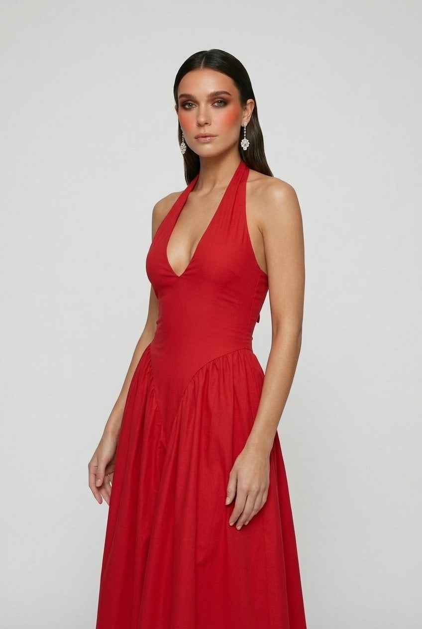 Women's Dresses : Red Elegant Midi Cocktail Dress – Figure-Hugging Dress for Nights Out in van Vanda Liamo
