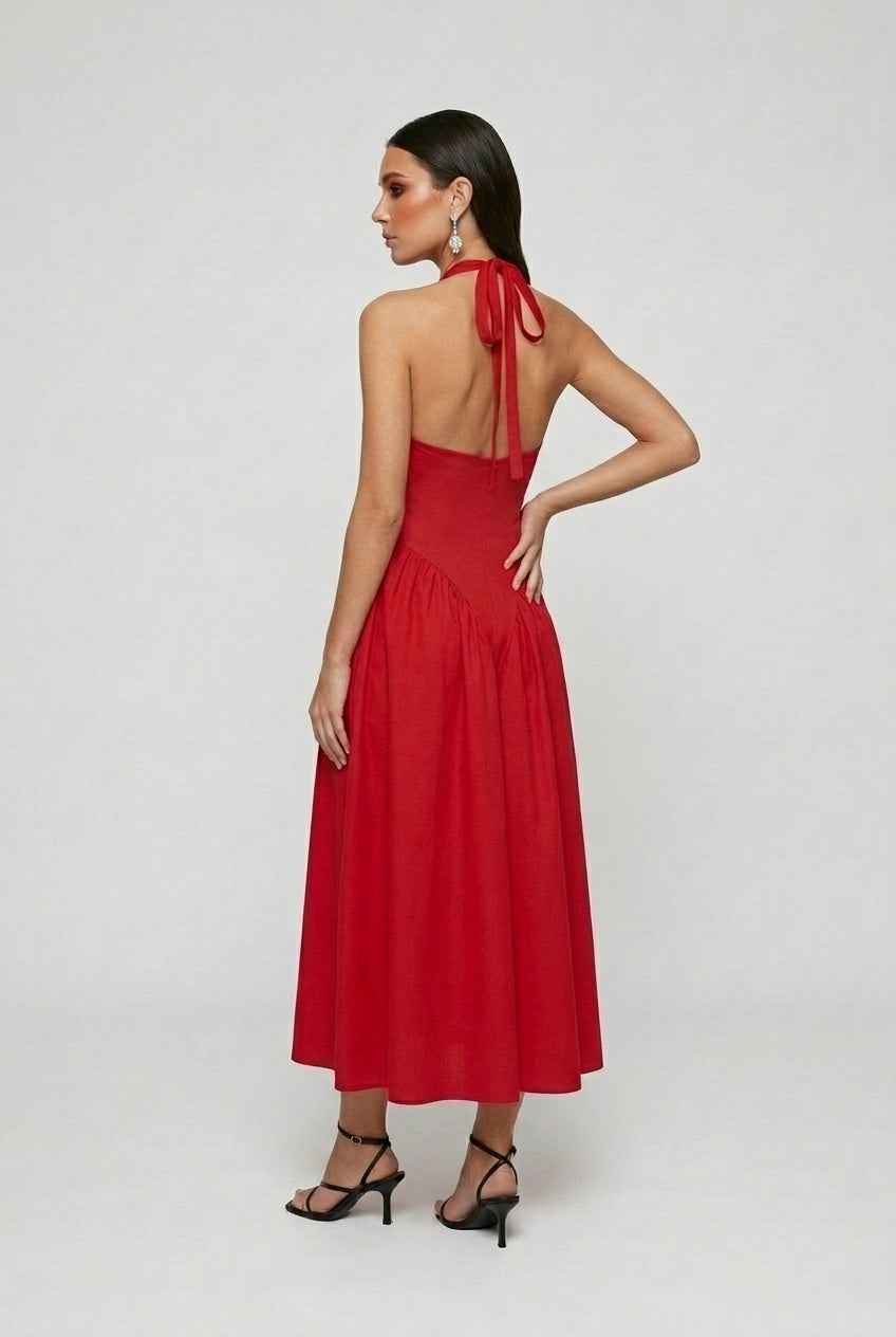 Women's Dresses : Red Elegant Midi Cocktail Dress – Figure-Hugging Dress for Nights Out in van Vanda Liamo