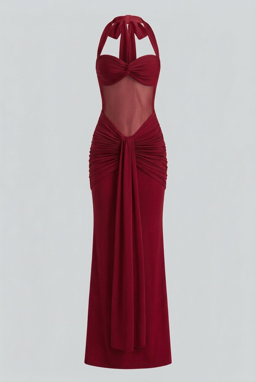 Maxi Dresses : Women's Red Chiffon Halter Maxi Dress - Elegant Flowy Summer Evening Gown in Red van Vanda Liamo
