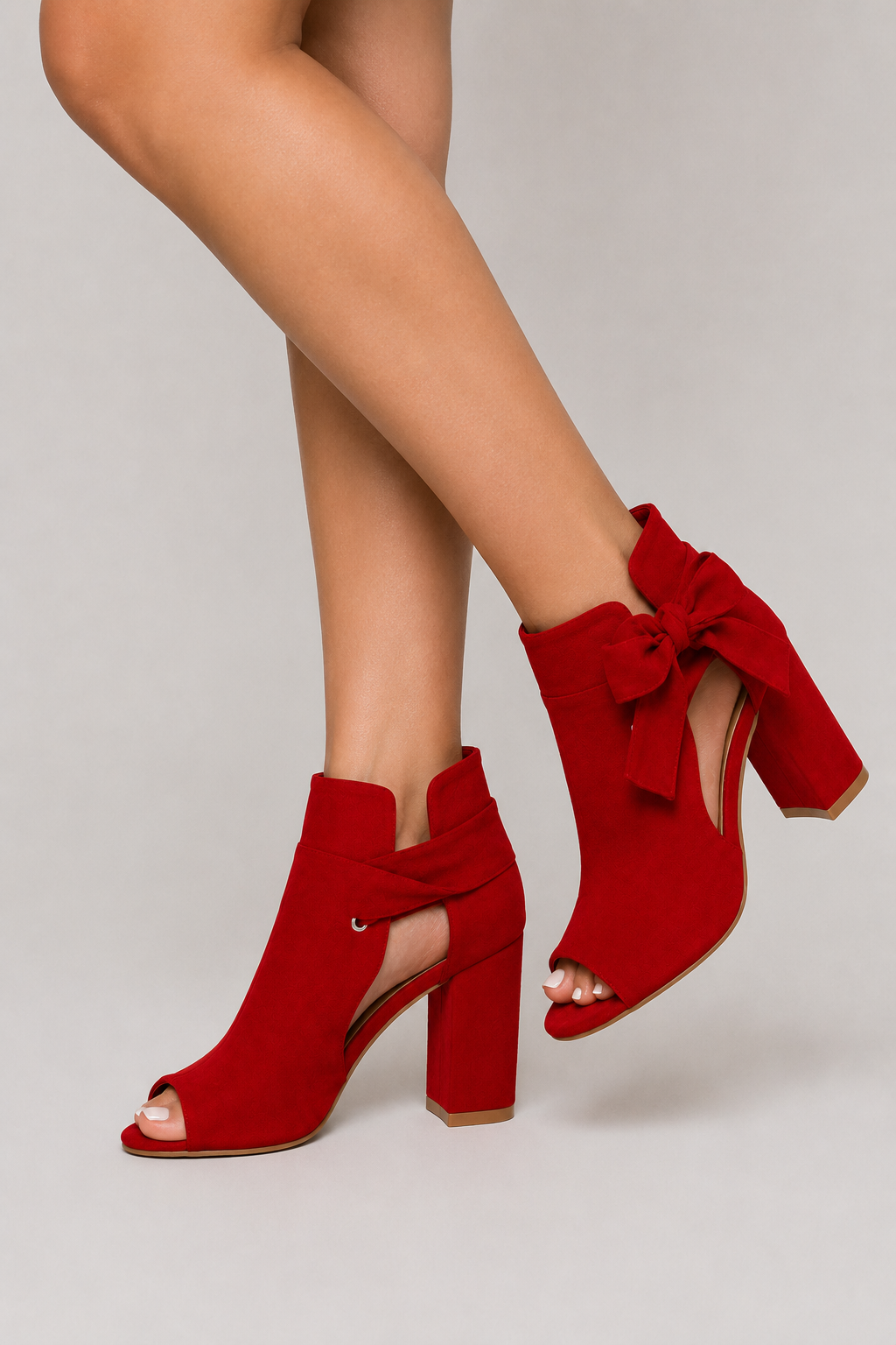 Red Peep Toe Booties – Chunky Block Heels with Side Bow