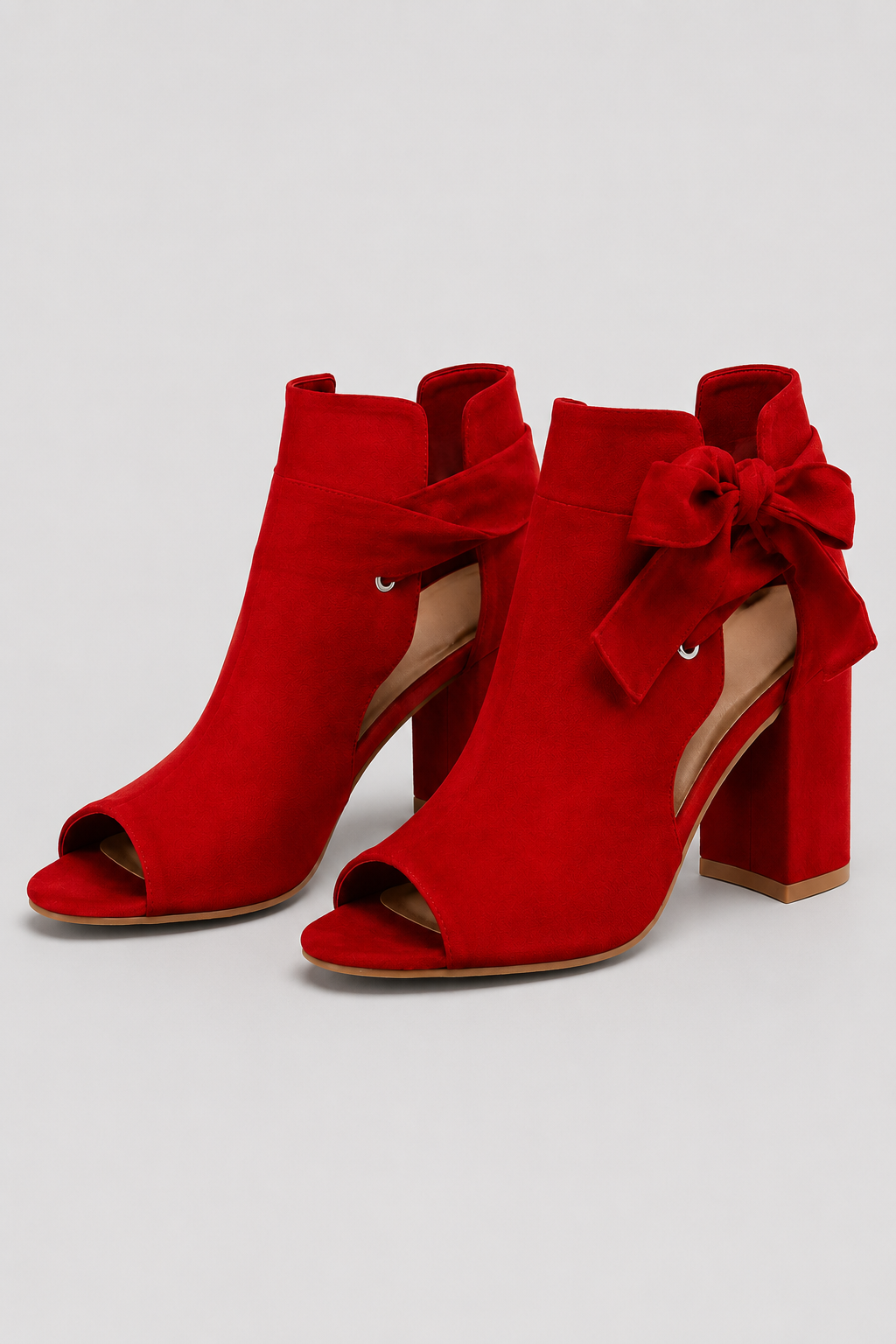 Red Peep Toe Booties – Chunky Block Heels with Side Bow