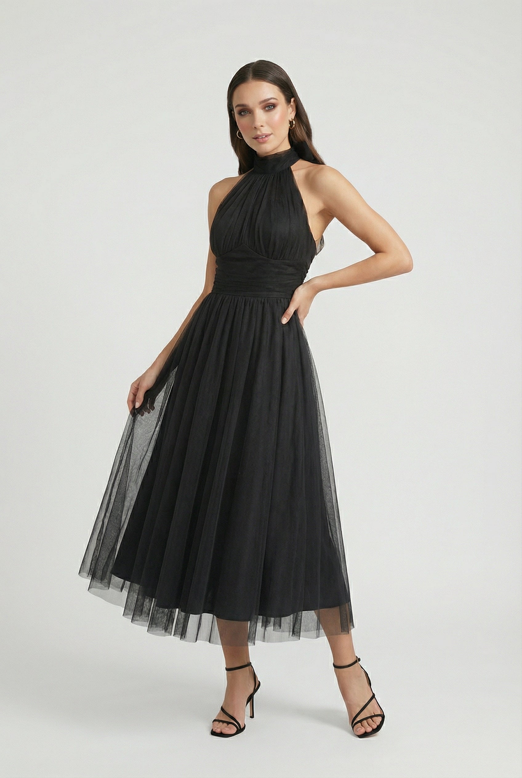 Dresses : Halter Midi Dress for Women - Black Sleeveless A-Line Summer Cocktail Party Dress in van Vanda Liamo