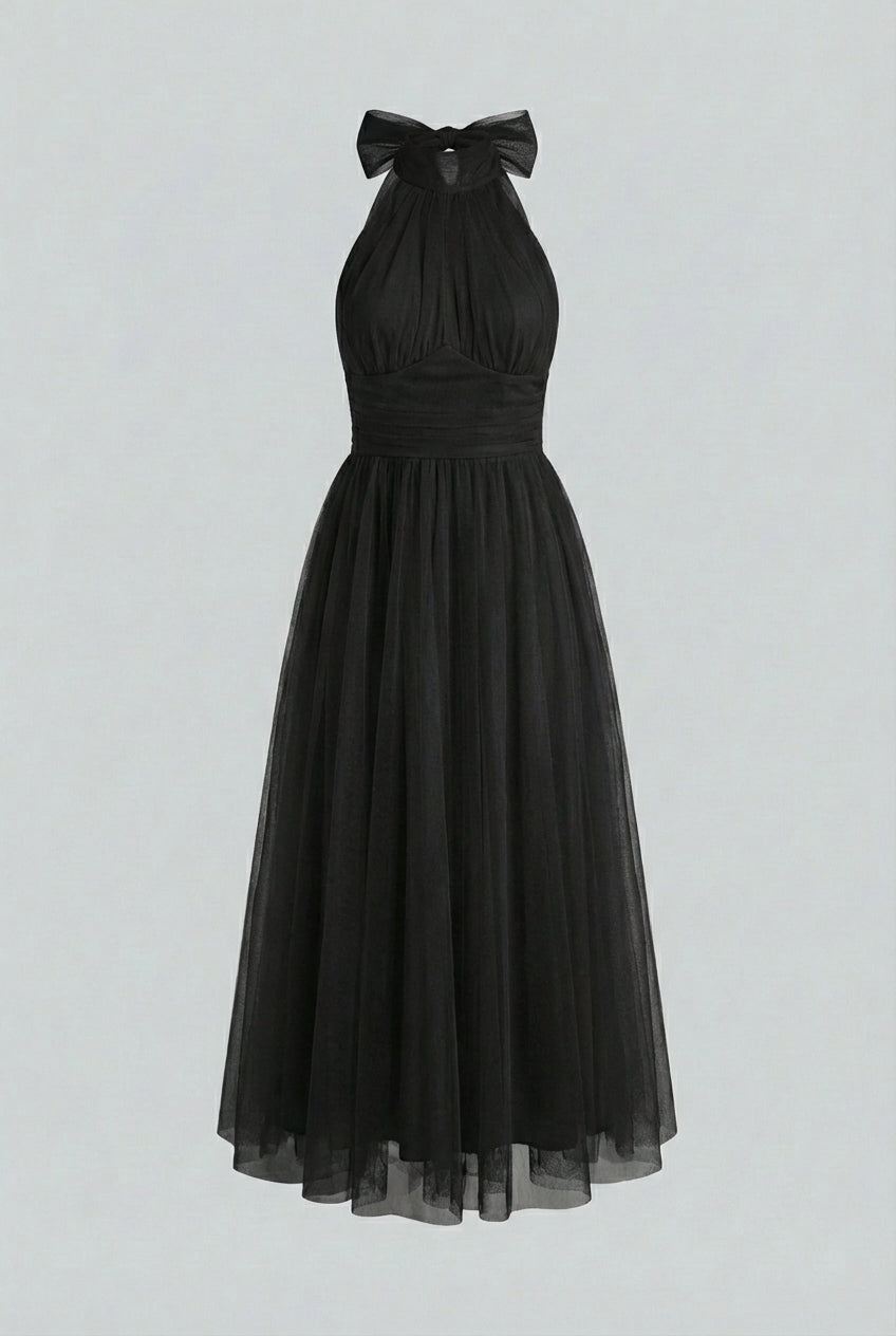 Dresses : Halter Midi Dress for Women - Black Sleeveless A-Line Summer Cocktail Party Dress in Black van Vanda Liamo