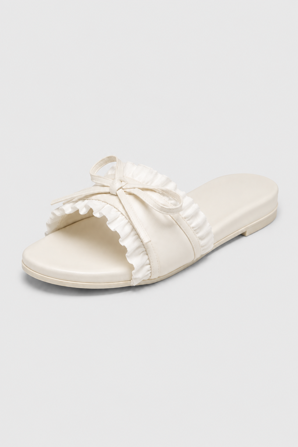 sandals : Ruffled Bow Satin Flat Mules – Couture Pleats & Romantic Bridal Chic in White van Vandaliamo