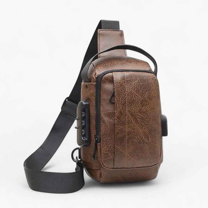 men's crossbody bag : Men's Anti-Theft Lock Sling Bag with USB Port in Dark brown van Roselva