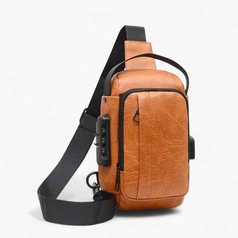 men's crossbody bag : Men's Anti-Theft Lock Sling Bag with USB Port in Light brown van Roselva
