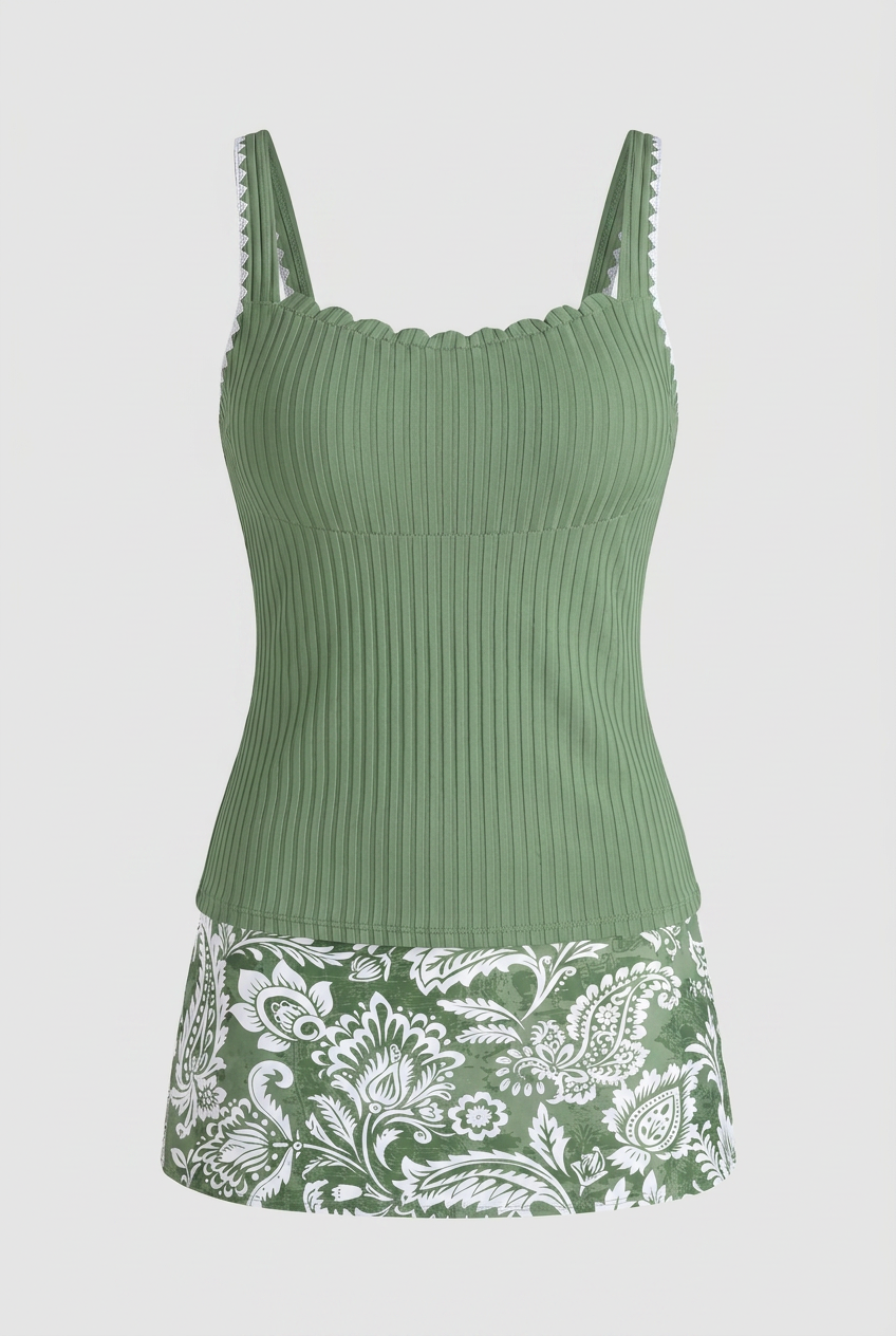 Swimwear : Sage Green Paisley Tankini Set – Comfort Fit Swim Skirt with Ruffle Trim in Green van Vandaliamo