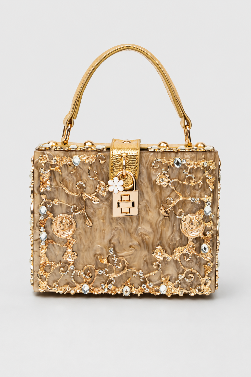 Sculptural Box Handbag – Intricate Filigree Overlay with Padlock Accent