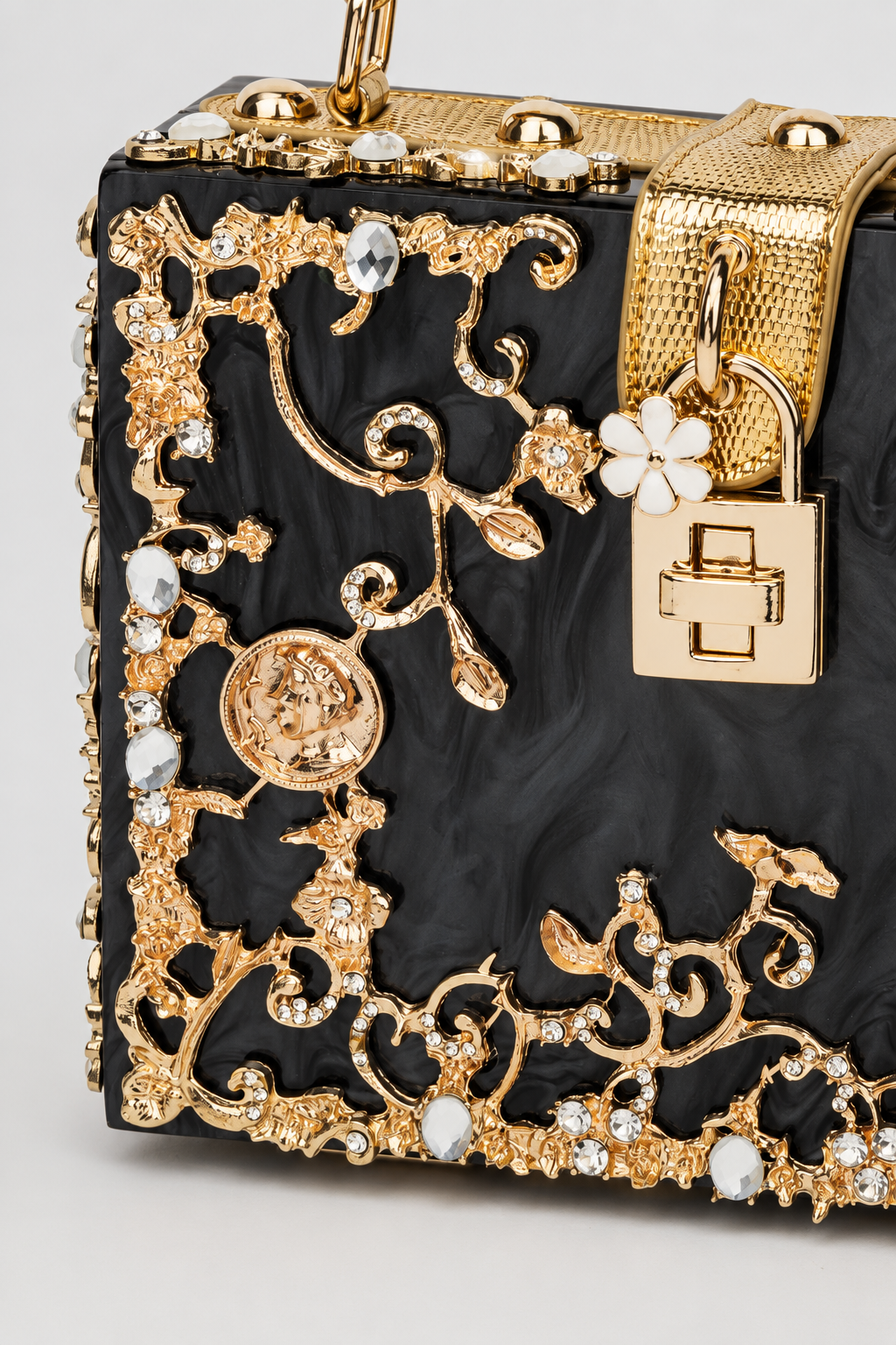 Sculptural Box Handbag – Intricate Filigree Overlay with Padlock Accent