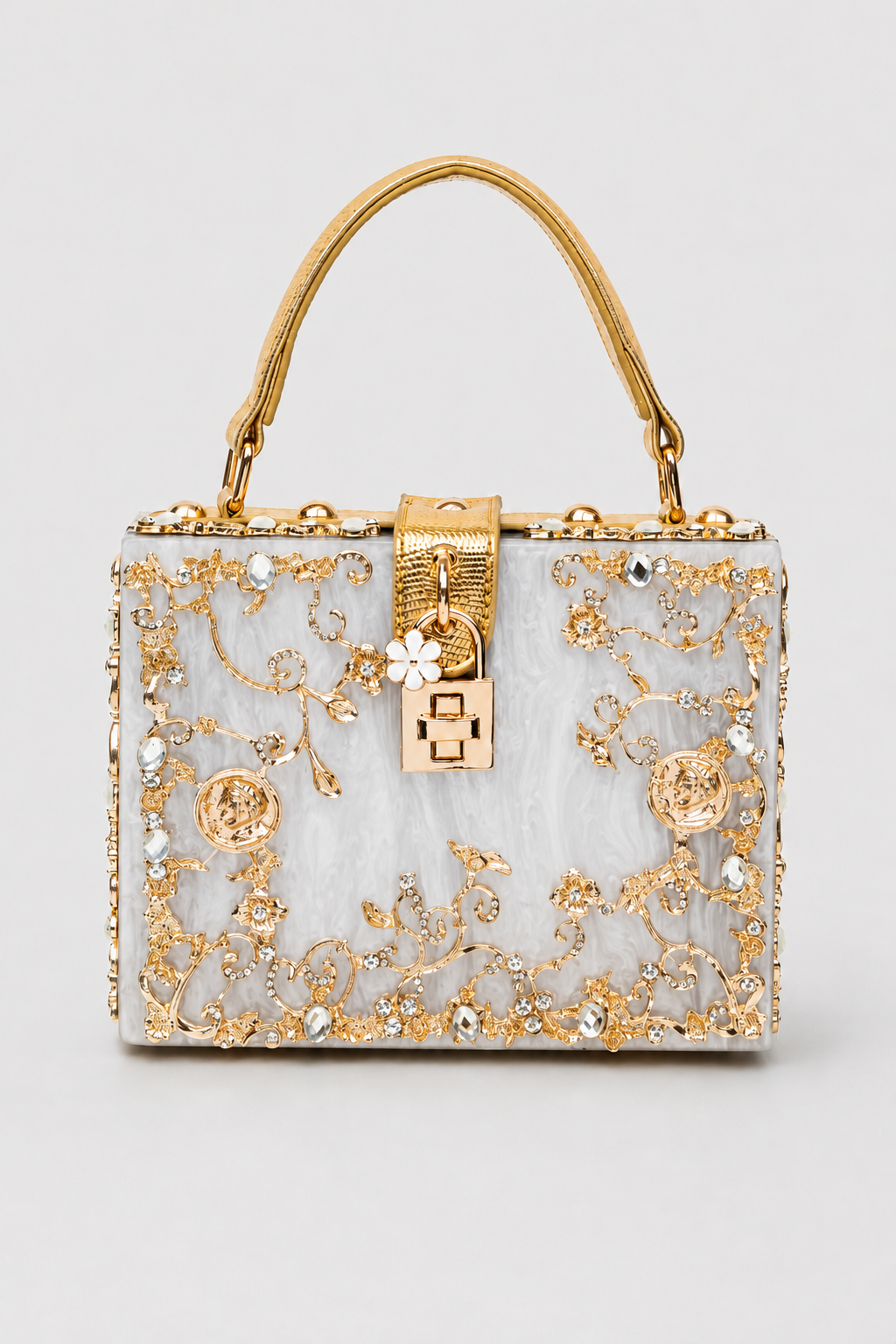 Sculptural Box Handbag – Intricate Filigree Overlay with Padlock Accent