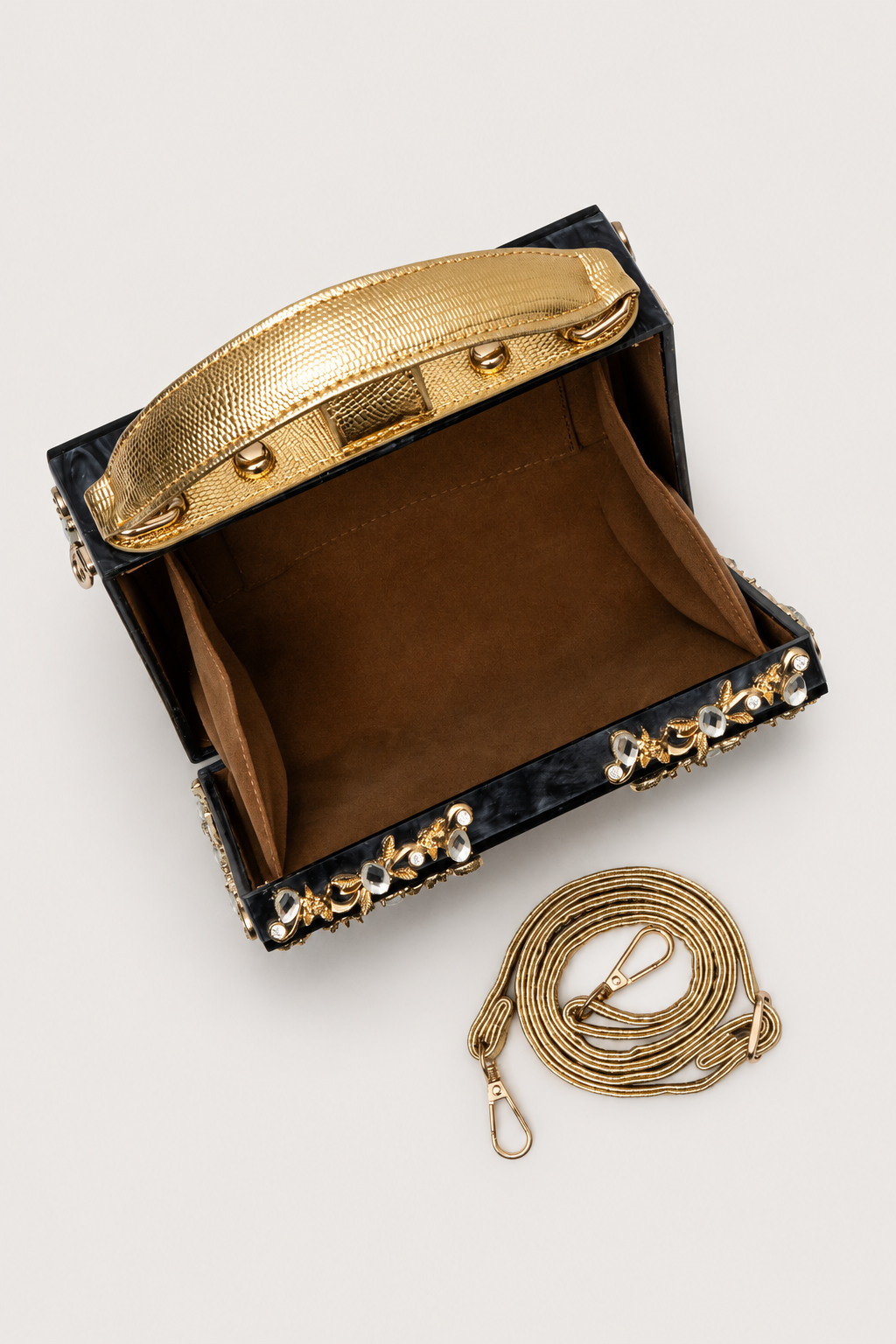 Sculptural Box Handbag – Intricate Filigree Overlay with Padlock Accent