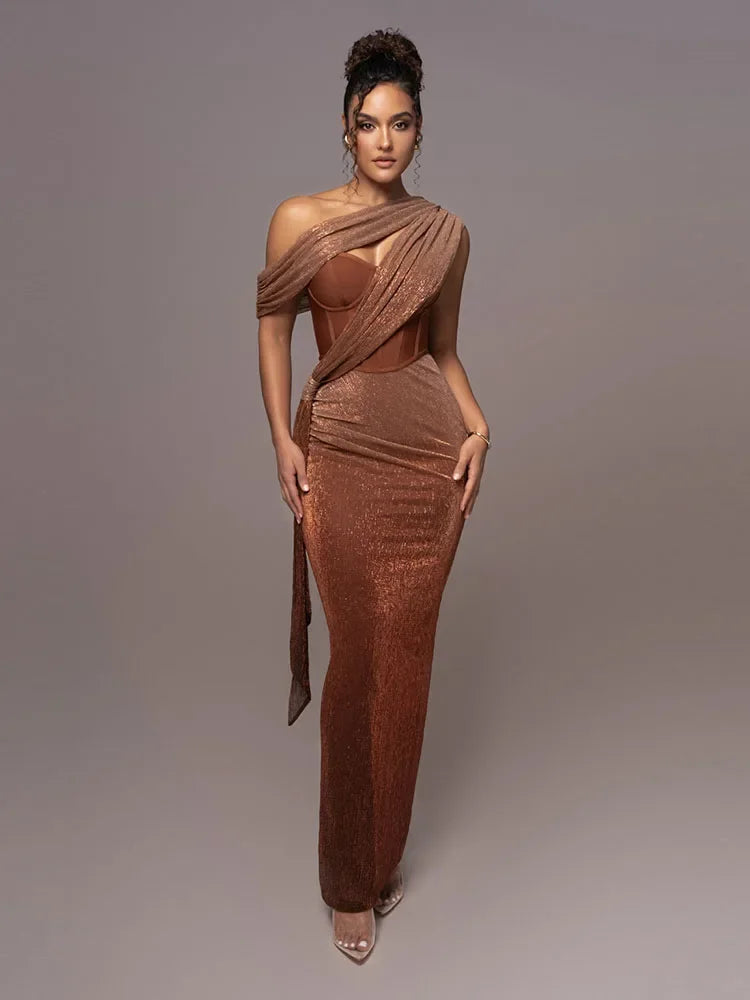 Women's One-Shoulder Evening Dress with Metallic Finish