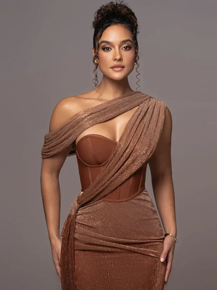 Women's One-Shoulder Evening Dress with Metallic Finish