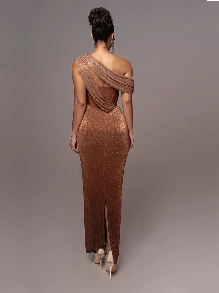 Women's One-Shoulder Evening Dress with Metallic Finish