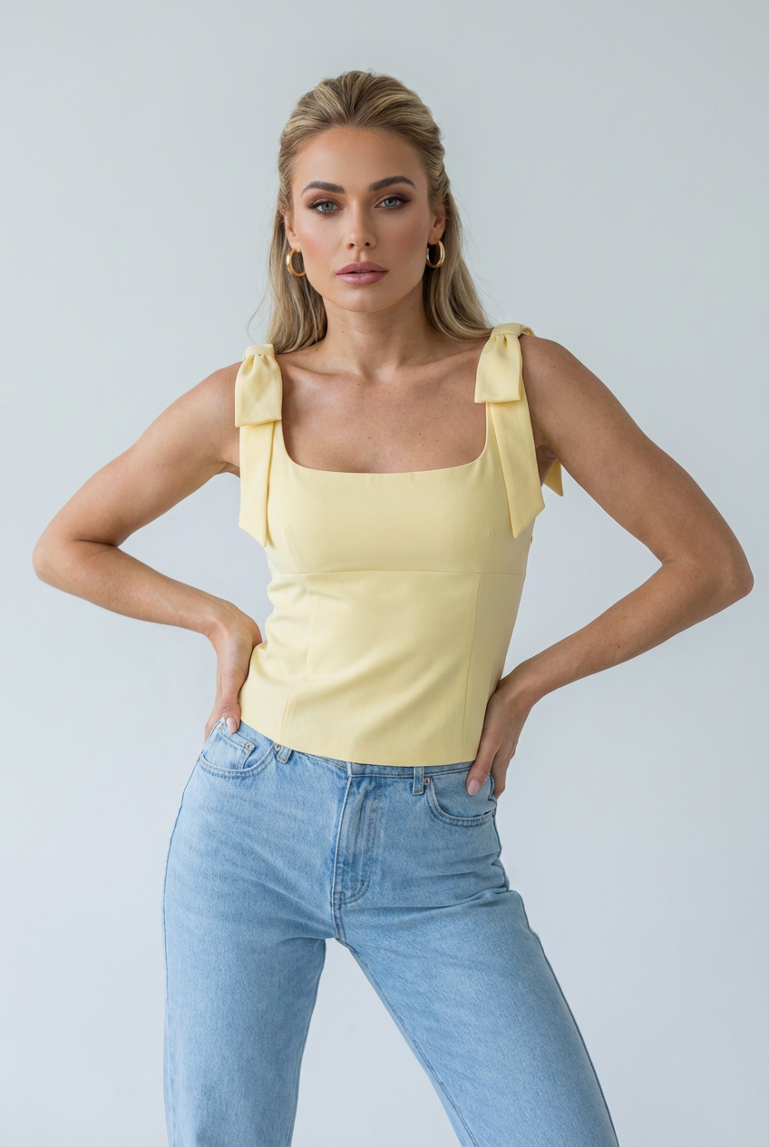 Women's Tops : Women's Yellow Slim Fit Cami Top with Bow Detail - Lightweight & Sleeveless in van Vanda Liamo