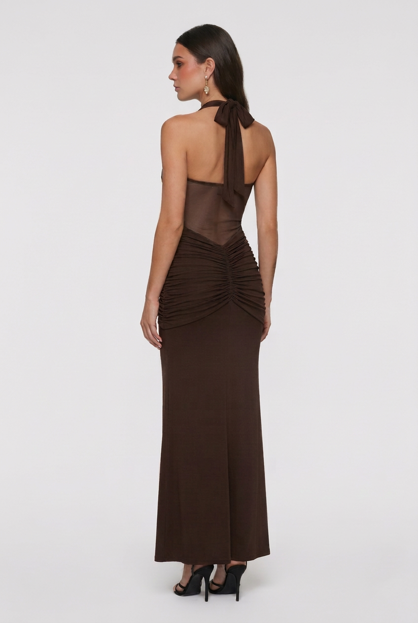 Maxi Dresses : Women's Dark Brown Halter Maxi Dress - Elegant Premium Quality for Special Occasions in van Vanda Liamo
