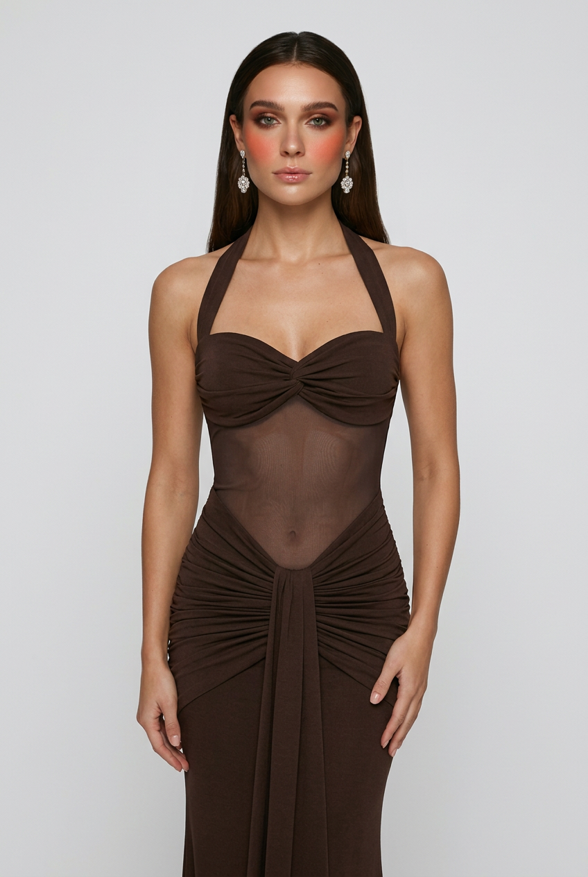 Maxi Dresses : Women's Dark Brown Halter Maxi Dress - Elegant Premium Quality for Special Occasions in van Vanda Liamo