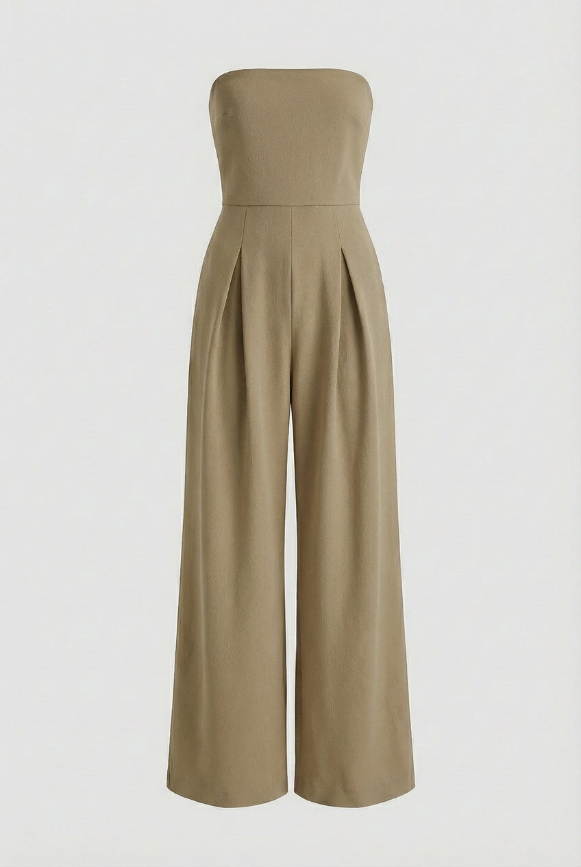 Women's Jumpsuits & Rompers : Strapless Jumpsuit with Wide-Leg - Refined Simplicity in Khaki in Khaki van Vanda Liamo