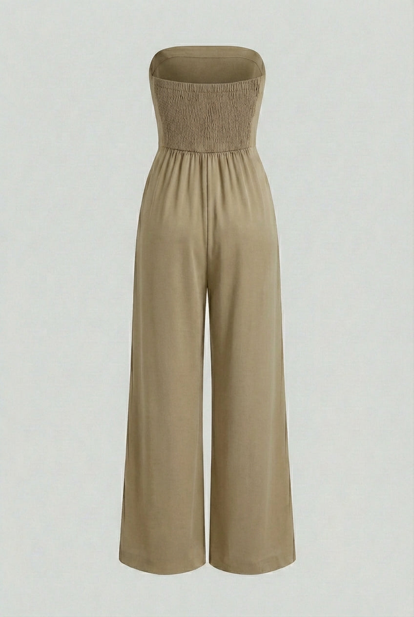 Women's Jumpsuits & Rompers : Strapless Jumpsuit with Wide-Leg - Refined Simplicity in Khaki in van Vanda Liamo