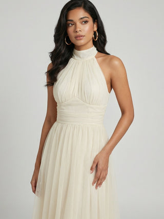 Women's Cream Ribbed Knit High Neck Midi Dress - Soft & Stylish