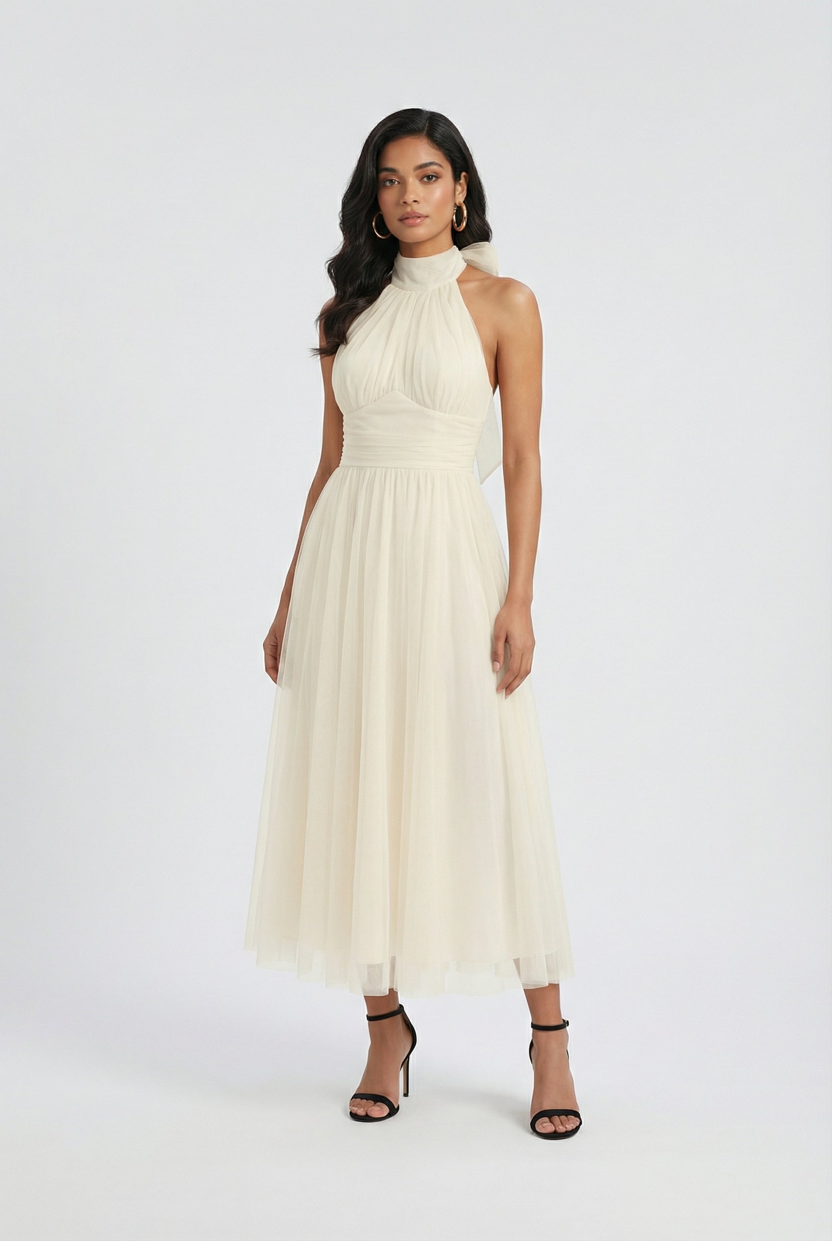 Dresses : Women's Cream Ribbed Knit High Neck Midi Dress - Soft & Stylish in van Vanda Liamo