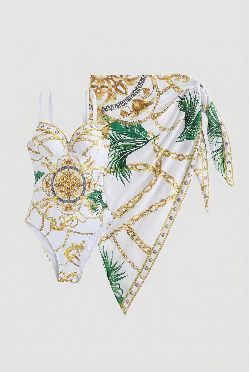 Swimwear : Women's White Gold Vintage Push-Up Skirted One-Piece Swimsuit in White van Vandaliamo
