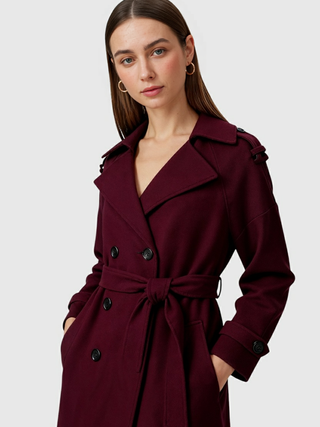 Women's Burgundy Wool Blend Long Trench Coat with Belt & Pockets