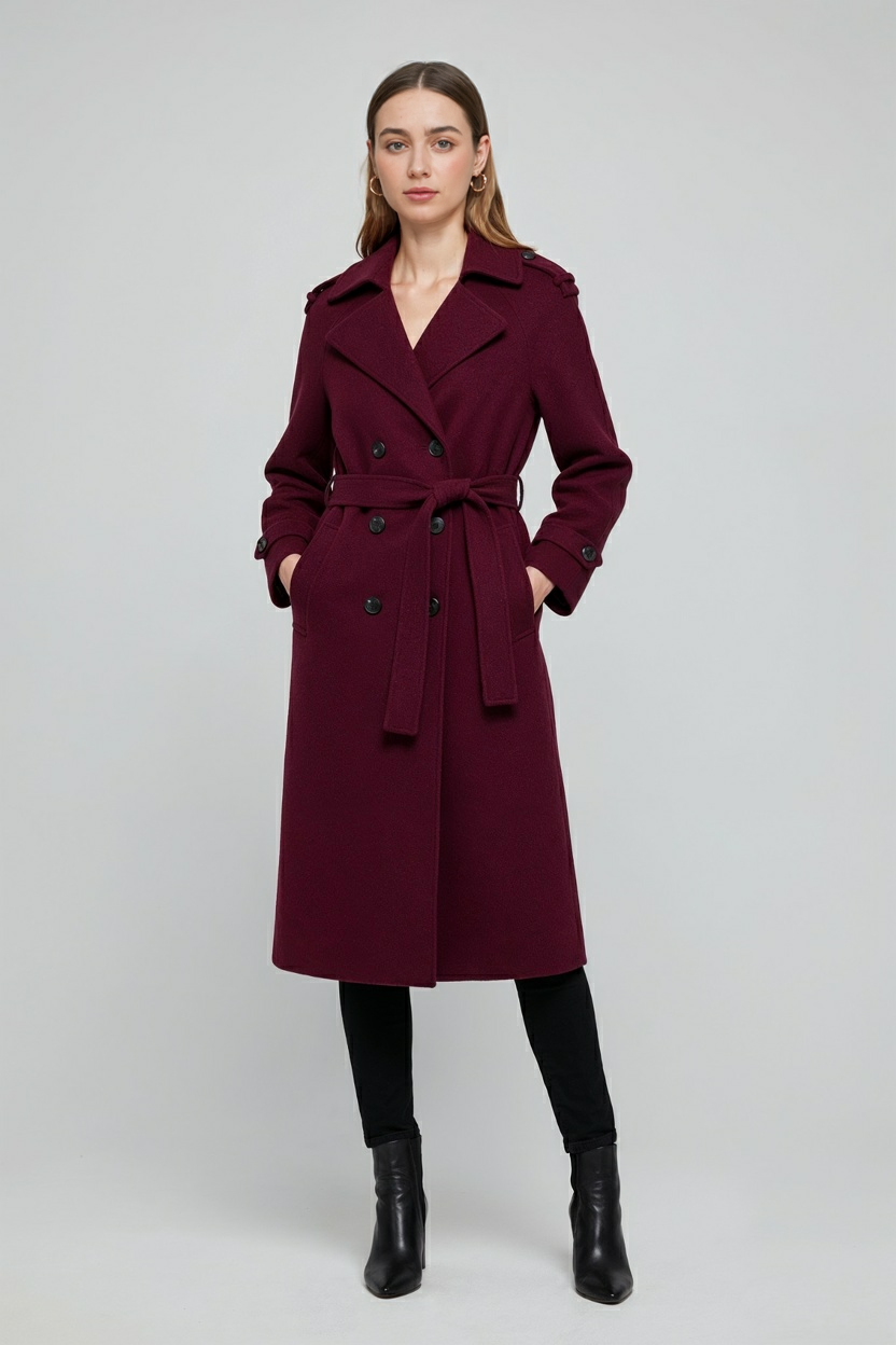 Coat : Women's Burgundy Wool Blend Long Trench Coat with Belt & Pockets in van Vanda Liamo