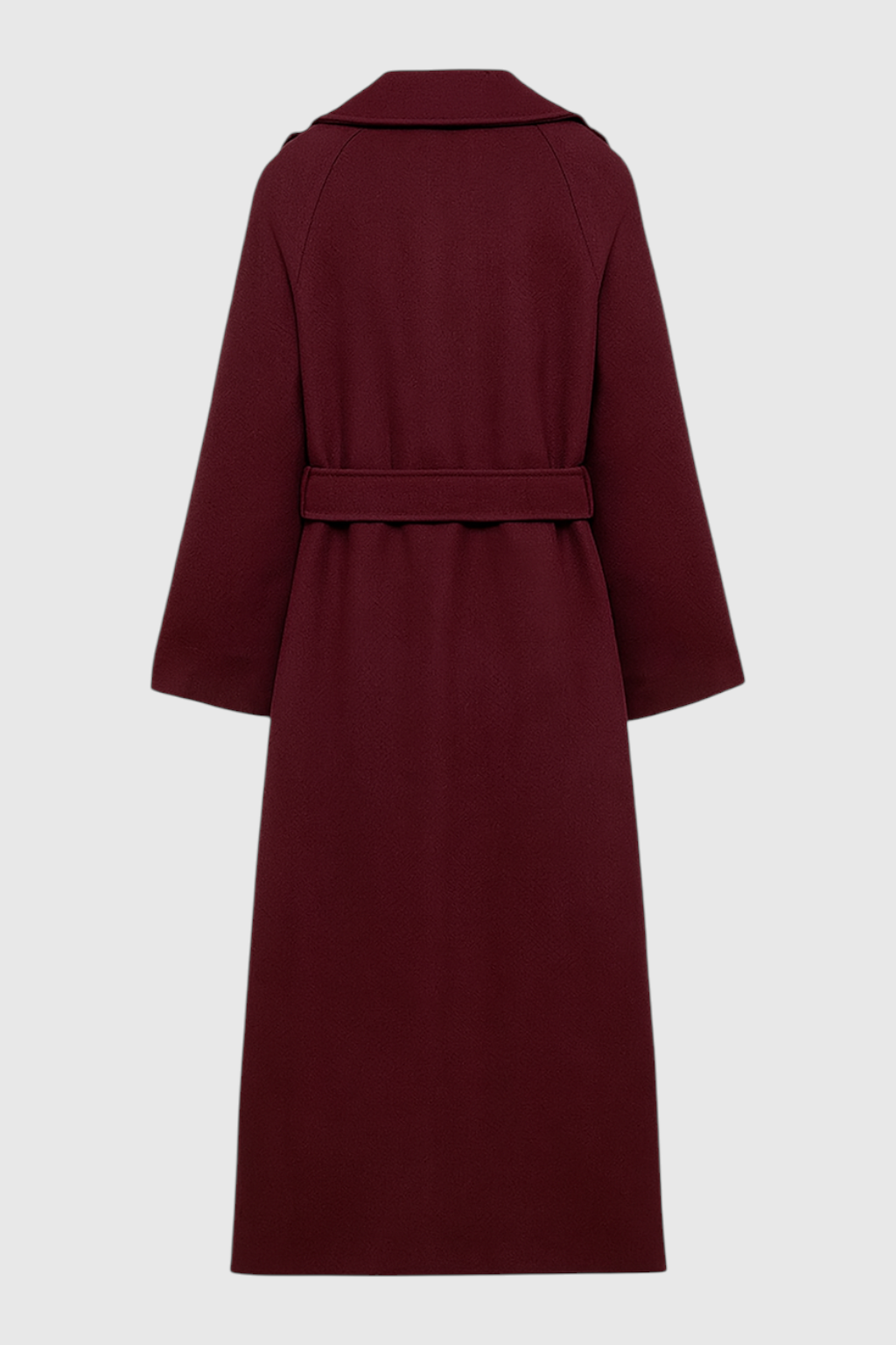 Coat : Women's Burgundy Wool Blend Long Trench Coat with Belt & Pockets in van Vanda Liamo